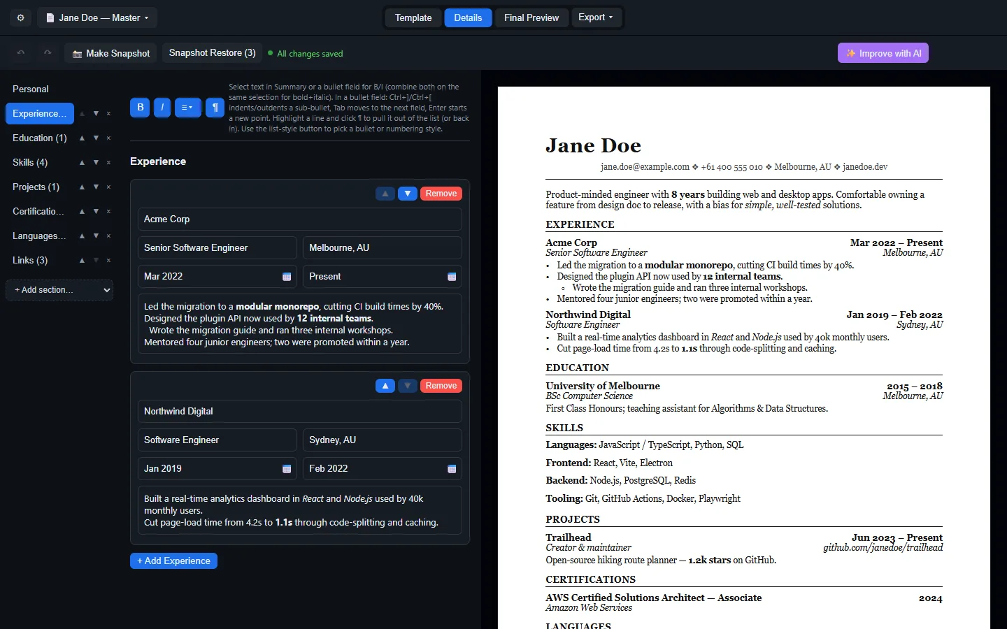 Resume builder in dark chrome with a paper-white preview pane still visible.