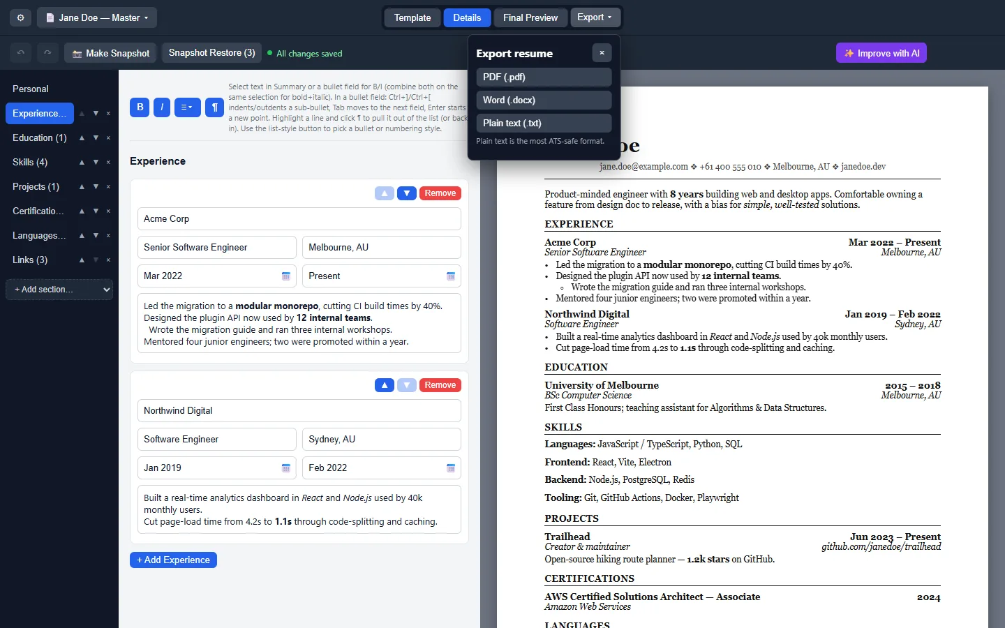 Resume export menu listing PDF, Word docx, and plain text options.
