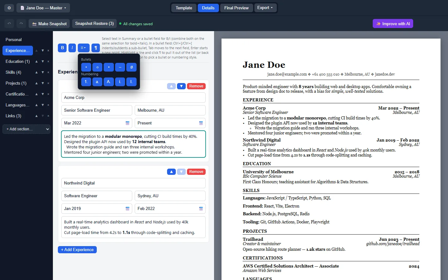 Resume experience editor with bold italic controls and bullet numbering picker.
