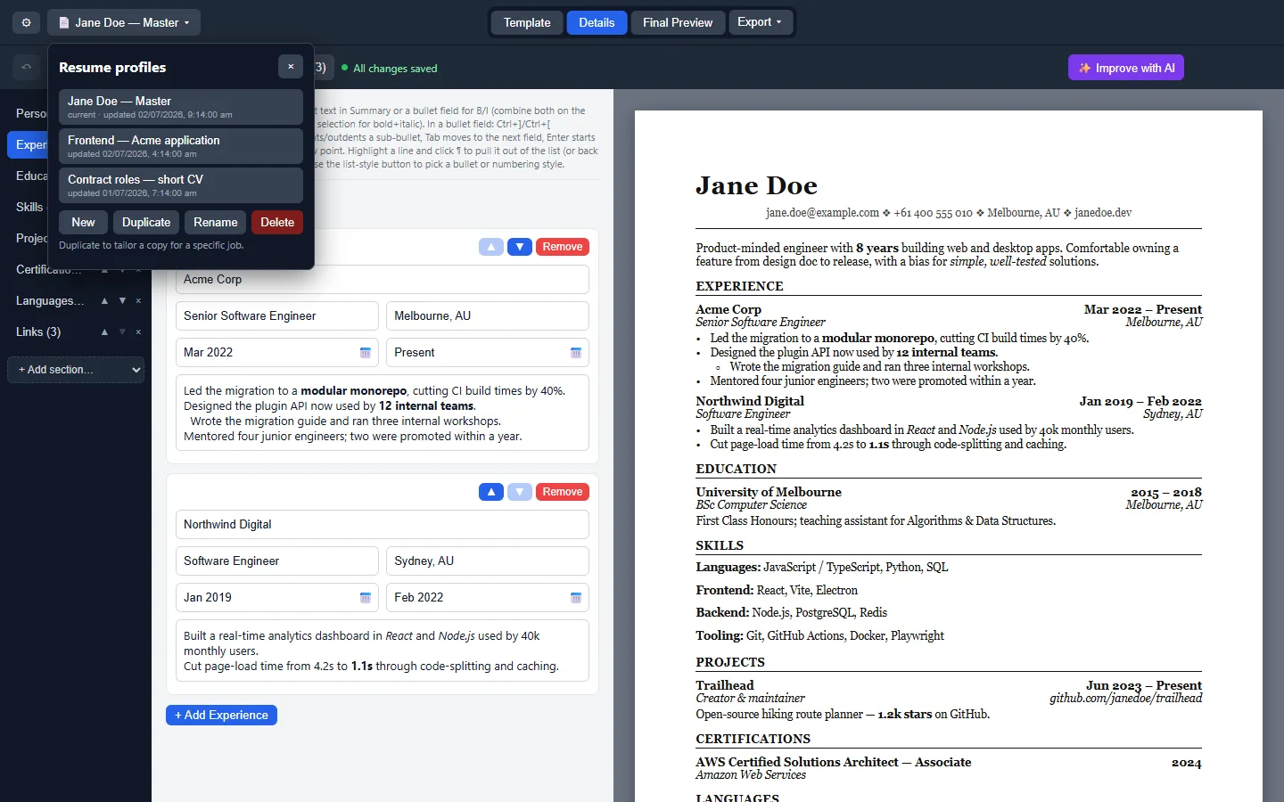 Resume profile dropdown showing master and tailored copies with rename and duplicate actions.