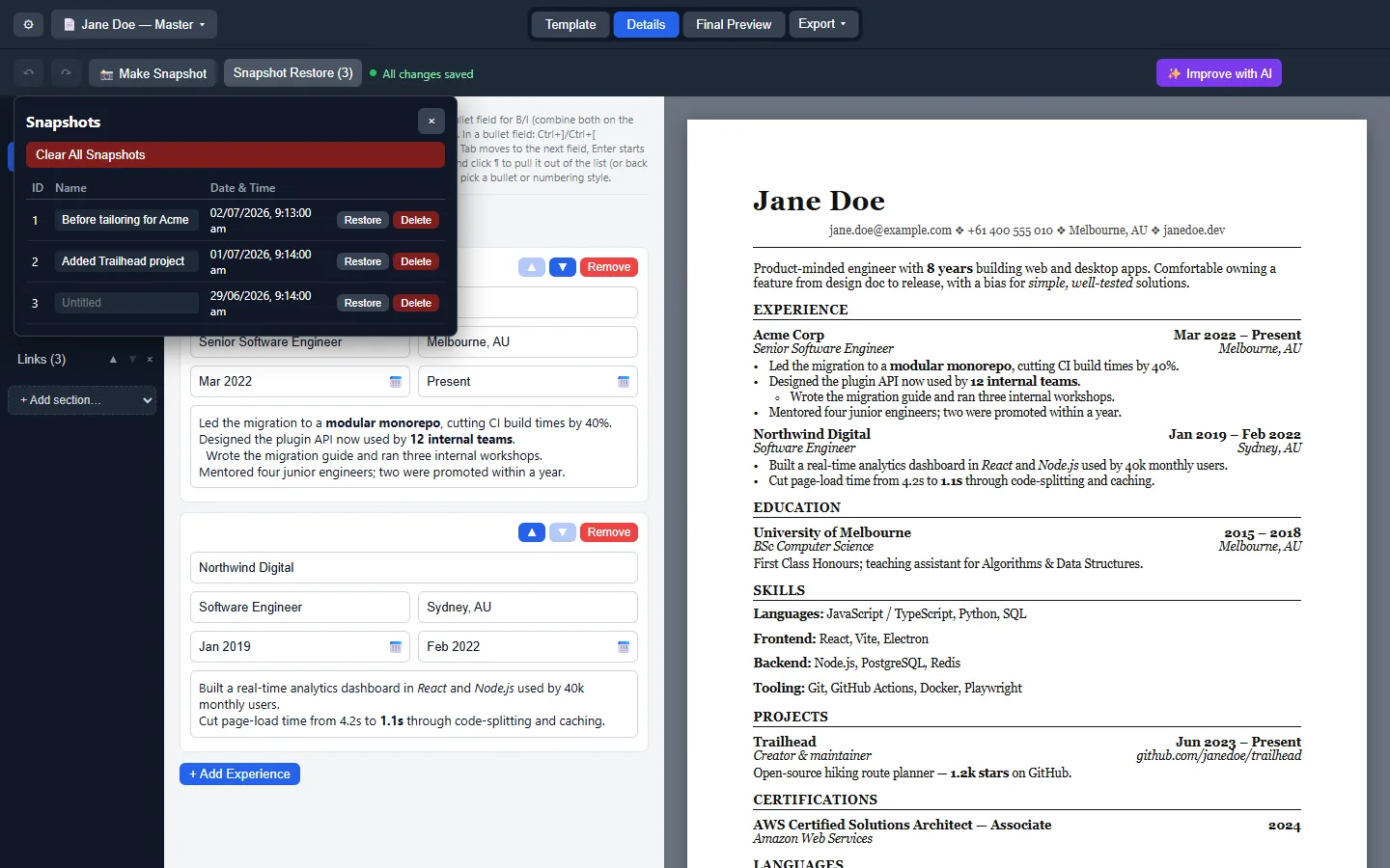 Resume snapshot table with named backups, timestamps, and restore actions.