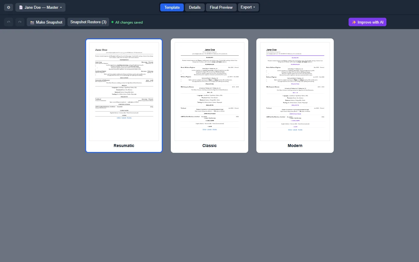 Resume template gallery with Classic, Modern, and Resumatic live thumbnails.