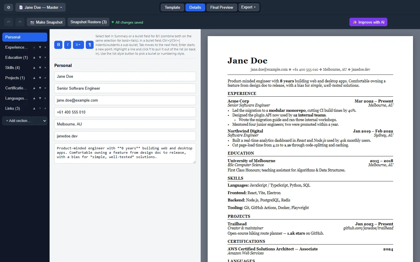 Resume builder workspace with section editor and live paper preview on a desktop window.